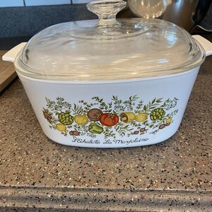 Corningware White Casserole Dish with Herb and Vegetable Motif